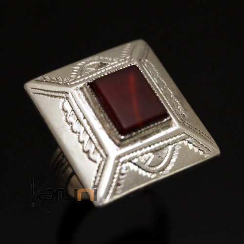 Bijoux Touareg Ethniques Bague en Argent et Agate Rouge 26 Grand Rectangle