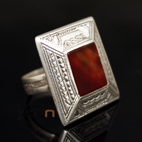 Bague en Argent et Agate Rouge 27 Grand Rectangle