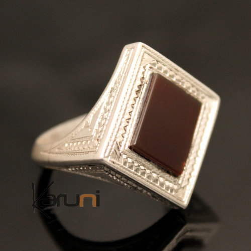 Bague en Argent et Agate Rouge 36 Chevalière Cube Homme/Femme