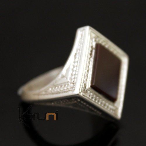 Bijoux Touareg Ethniques Bague en Argent et Agate Rouge 36 Chevalire Cube Homme/Femme c