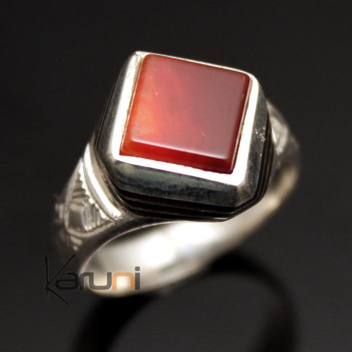 Bague en Argent et Agate Rouge 39 Chevalière Losange