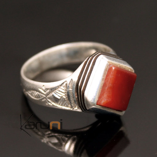 Bague en Argent et Agate Rouge 39 Chevalière Losange