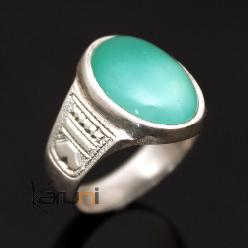 Bijoux Touareg Ethniques Bague en Argent et Agate Verte 03 Chevalire Ovale