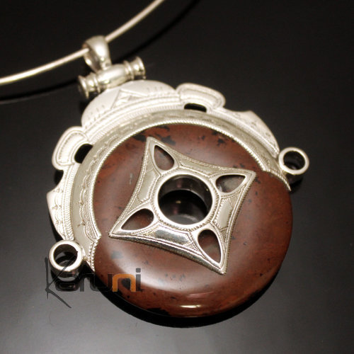 Bijoux Touareg Ethniques Africains Collier Pendentif en Argent et Pierre Jaspe Rouge 01 Rond