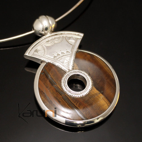 Collier Pendentif en Argent et Pierre Oeil de Tigre 01 Rond