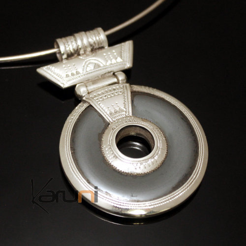 Collier Pendentif en Argent et Pierre Hématite Grise 01 Rond