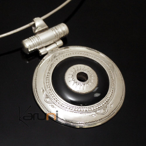 Collier Pendentif en Argent et Pierre Agate Noir 01 Rond