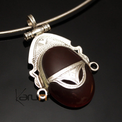 Bijoux Touareg Ethniques Africains Collier Pendentif en Argent et Pierre Agate Rouge 13 Ovale Tête de Déesse