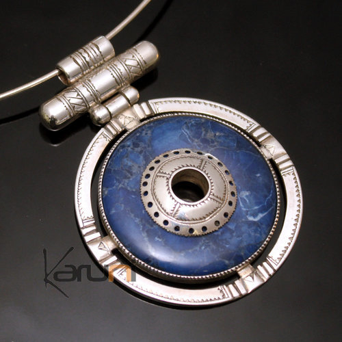Bijoux Touareg Ethniques Africains Collier Pendentif en Argent et Pierre Howlite Bleue 04 Rond