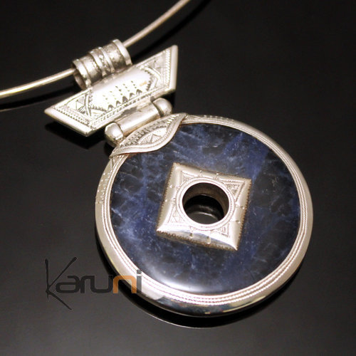 Collier Pendentif en Argent et Pierre Howlite Bleue 05 Rond