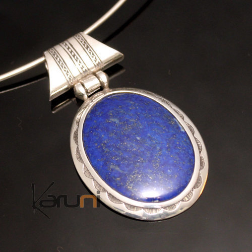 Bijoux Touareg Ethniques Africains Collier Pendentif en Argent et Pierre Lapis-Lazuli Bleu 02 Ovale