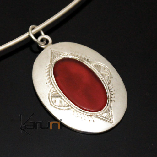 Collier Pendentif en Argent et Pierre Agate Rouge 37 Petit Ovale