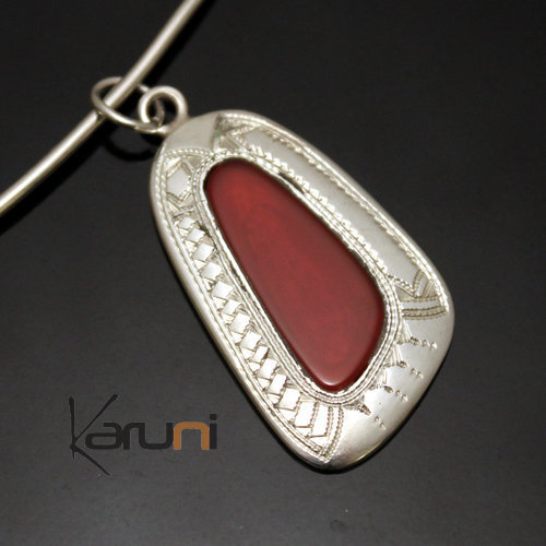 Collier Pendentif en Argent et Pierre Agate Rouge 38 Petit Galet