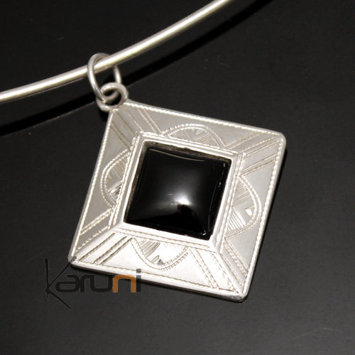 Collier Pendentif en Argent et Pierre Onyx Noir 20 Petit Losange Gravé