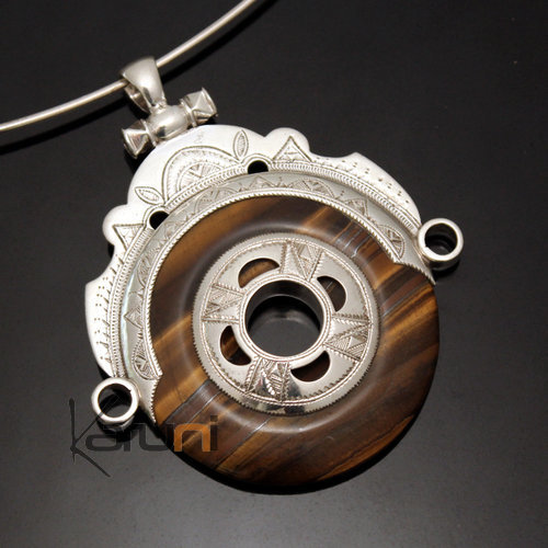 Collier Pendentif en Argent et Pierre Oeil de Tigre 05 Grand Rond Tête de Déesse