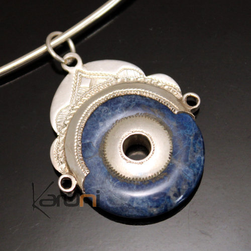 Bijoux Touareg Ethniques Africains Collier Pendentif en Argent et Pierre Howlite Bleue 06 Petite Tte de Desse