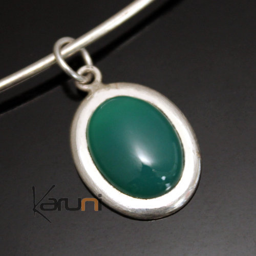 Collier Pendentif en Argent et Pierre Agate Verte 04 Petit Ovale