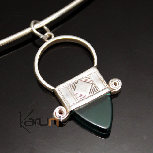 Collier Pendentif en Argent Croix du sud du Niger d'Ingall 05 Perle Triangle Verte