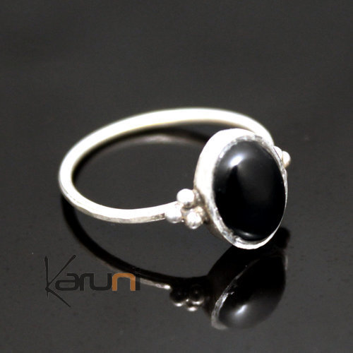 Bijoux Touareg Ethniques Bague Fine en Argent et Onyx Noir 34 Ovale