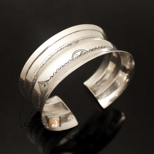 Bijoux Touareg Ethniques Bracelet Manchette en Argent Concave Grave 05