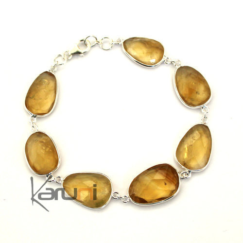 Bijoux Indiens Ethniques Bracelet en Argent 925 et Pierres Fines Facettes 08 Quartz Jaune Clair