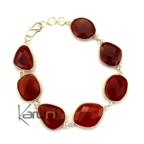 Bijoux Indiens Ethniques Bracelet en Argent 925 et Pierres Fines Facettes 09 Cornaline Rouge