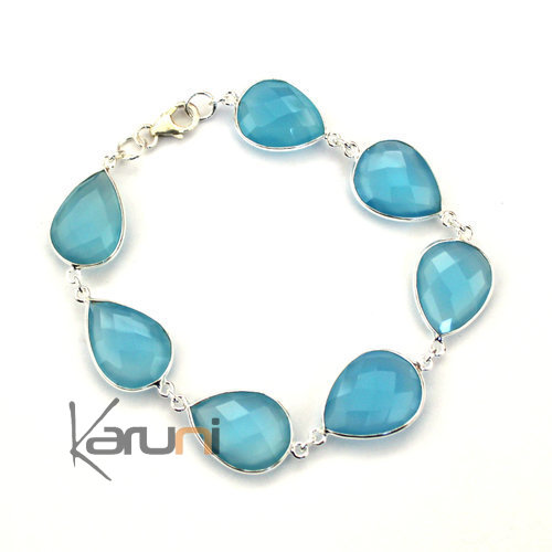 Bracelet en Argent 925 et Pierres Fines Facettes 17 Agate Bleu Clair