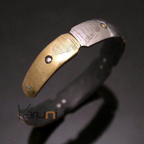 Bracelet en corne  Argent Mix et Bronze de Mauritanie Plaques Gravées 01
