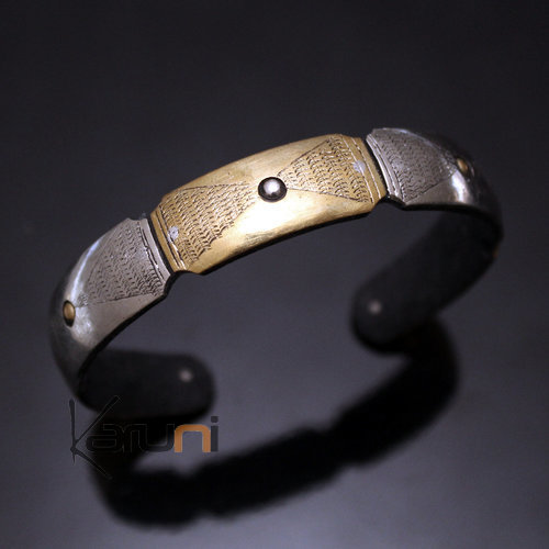 Bracelet en corne  Argent Mix et Bronze de Mauritanie Plaques Gravées 01