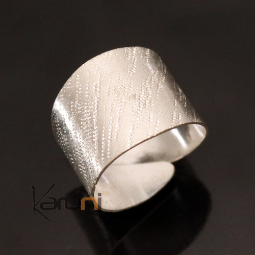 Bague Réglable Plaqué Argent Peul Fulani 06 Bandeau Large Martelé Design Karuni