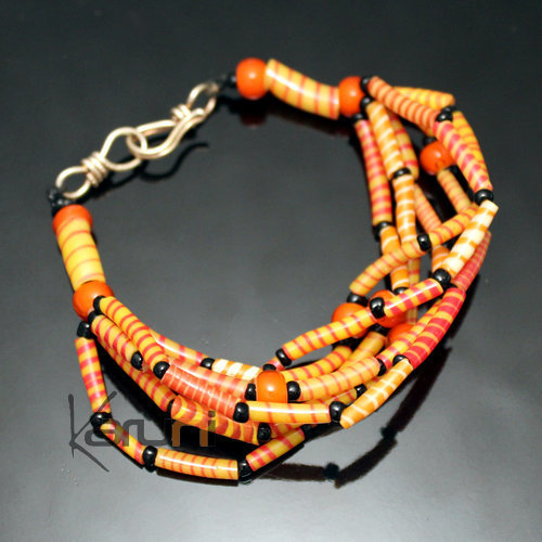 Bijoux Ethniques Africains Bracelets Multi-Rangs JOKKO en Plastique Recycl Perles Coup-Coup Orange