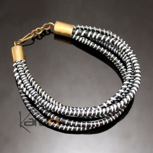 Bracelets 6 Rangs JOKKO en Plastique Recyclé Fermoir Bronze Réglable Blanc/Noir