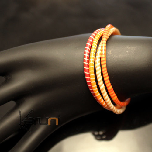 Bijoux Ethniques Africains Bracelets 4 Rangs JOKKO en Plastique Recyclé Fermoir Bronze Réglable Rose Orange Clair b