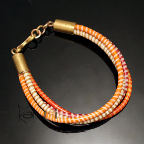 Bijoux Ethniques Africains Bracelets 4 Rangs JOKKO en Plastique Recyclé Fermoir Bronze Réglable Rose Orange Clair