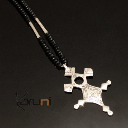 Collier en Argent Croix du Niger Perles d'Onyx Noir 07 Inabagret