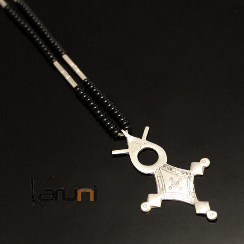 Collier en Argent Croix du Niger Perles d'Onyx Noir 08 Agadez