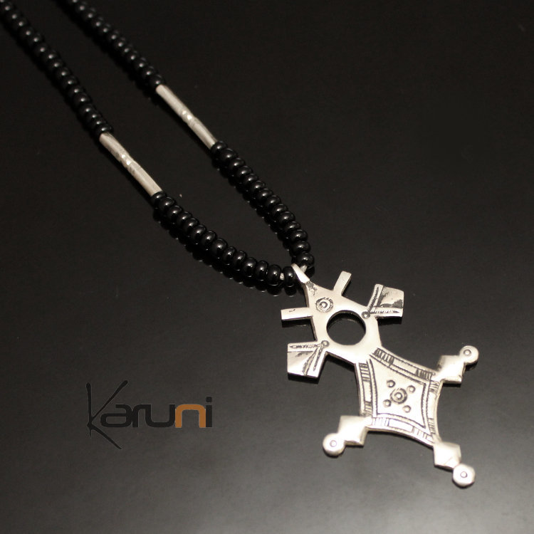 Collier Ethnique Touareg Ancien - Métal Argenté Et Perles Noires - Occasion Bon état