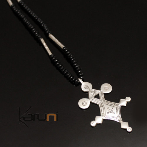 Collier en Argent Croix du Niger Perles d'Onyx Noir 10 Tchimoumène