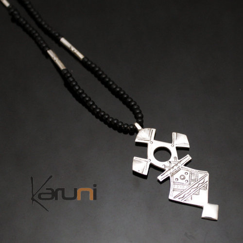 Collier en Argent Croix du Niger Perles d'Onyx Noir 12 Takadea