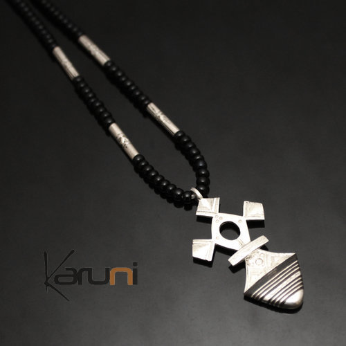 Bijoux Ethniques Touareg Collier en Argent Croix du Niger Perles d'Onyx Noir 13 Takadea Ebne