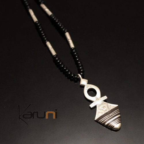 Collier en Argent Croix du Niger Perles d'Onyx Noir 14 Timia Ebène