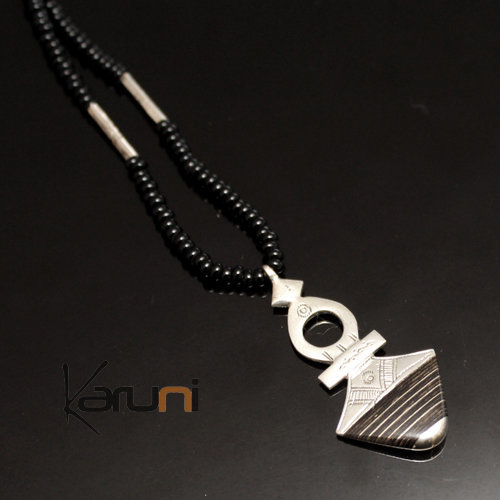 Collier en Argent Croix du Niger Perles d'Onyx Noir 15 Timia Large Ebène