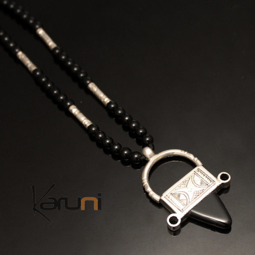 Collier en Argent Croix du Niger Perles d'Onyx Noir 19 Ingall Noir