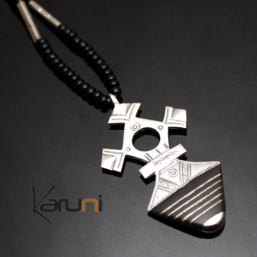 Collier en Argent Croix du Niger Perles d'Onyx Noir 18 Inabagret Large Ebène