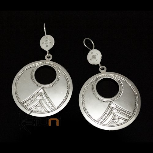 Bijoux Touareg Ethniques Boucles d'Oreilles en Argent Grands Ronds Gravé 03