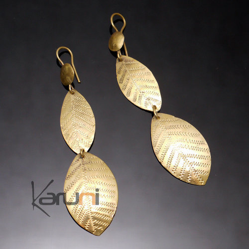 Bijoux Ethniques Africains Boucles d'Oreilles Peul Fulani Mali 117T Bronze Dor Pendant Deux Feuilles Graves KARUNI