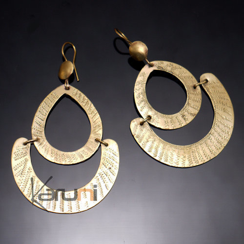 Bijoux Ethniques Africains Boucles d'Oreilles Peul Fulani Mali 118T Bronze Dor Pendant Double Goutte Creuse Grave