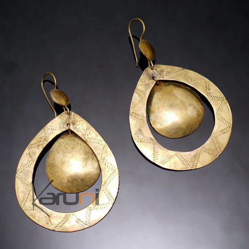Boucles d'Oreilles Peul Fulani Mali 119T Bronze Doré Pendant Double Goutte Gravée