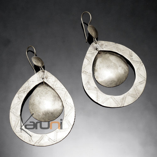 Bijoux Ethniques Africains Boucles d'Oreilles Peul Fulani Mali 119PT Plaqu argent Pendant Double Goutte Grave