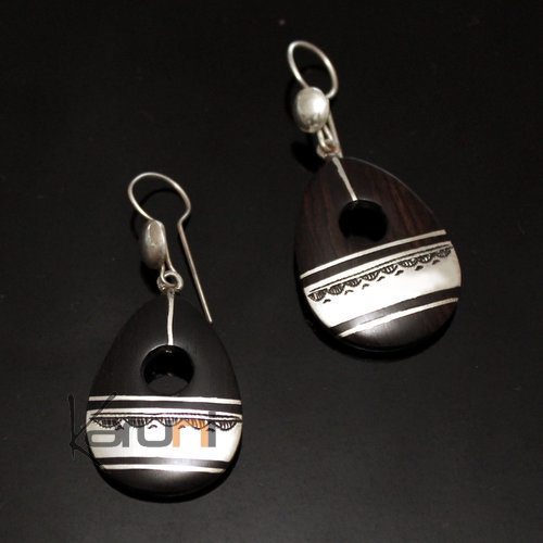 Bijoux Ethniques Touareg Boucles d'Oreilles en Argent et Ebne 101 Galet Bande Grave